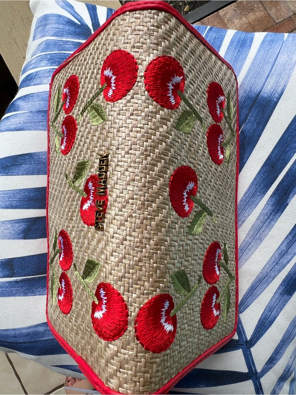 Steve Madden Red Cherry Embroidered Straw Wristlet - Picture 4 of 9